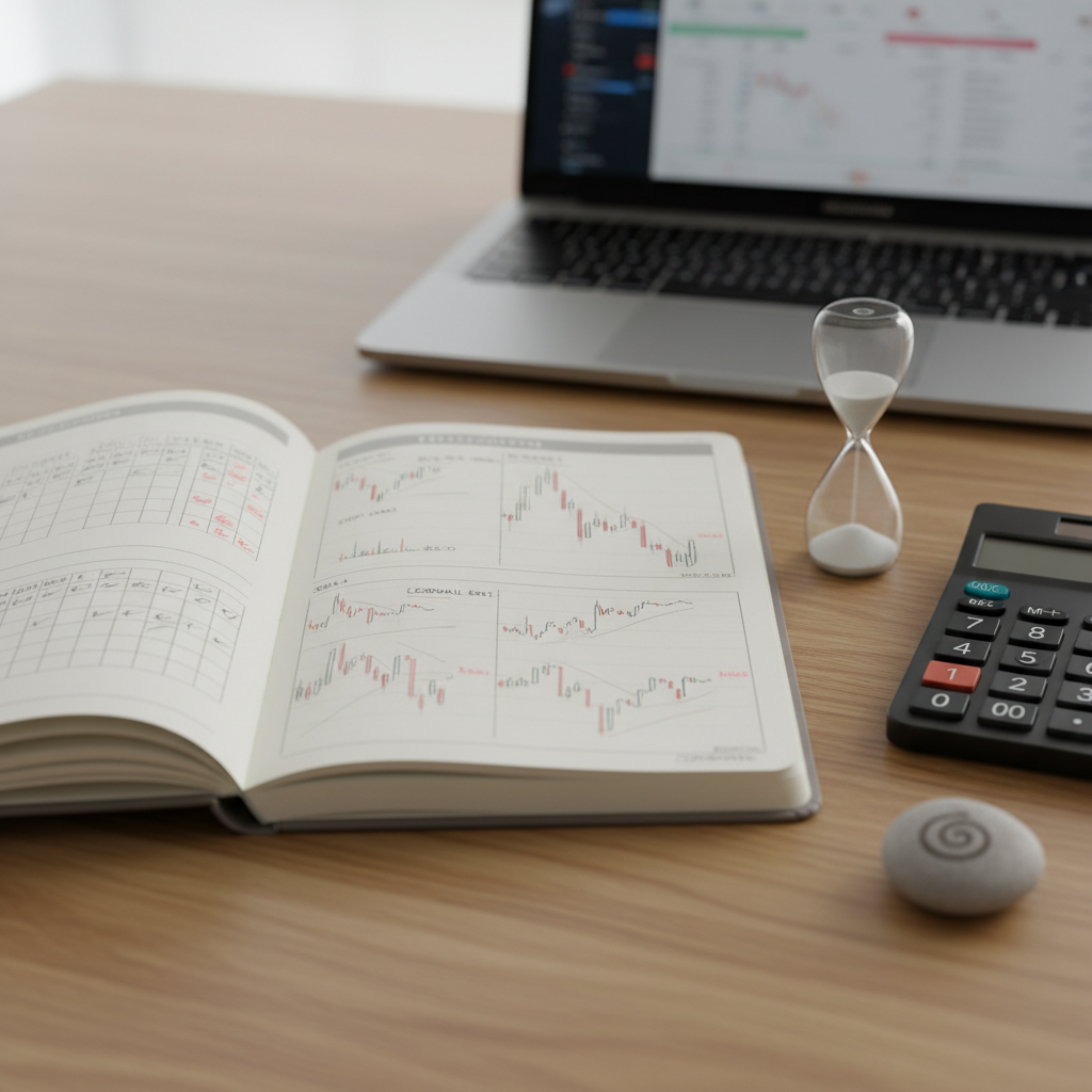 A close-up of a minimalist trading journal lying open on a smooth oak table, its cream pages filled with neatly drawn risk-reward boxes and hand-sketched candlestick patterns documenting past losing trades. Beside it rests a matte-black calculator, a simple sand hourglass, and a small smooth river stone engraved with a subtle abstract symbol, evoking patience. Soft overcast daylight filters through off-frame, giving the scene gentle, even lighting with delicate shadows. Shot from a slightly elevated angle in photographic realism, the background falls into a soft blur showing a distant laptop with a muted trading dashboard, creating a mood of calm analysis and introspective learning.