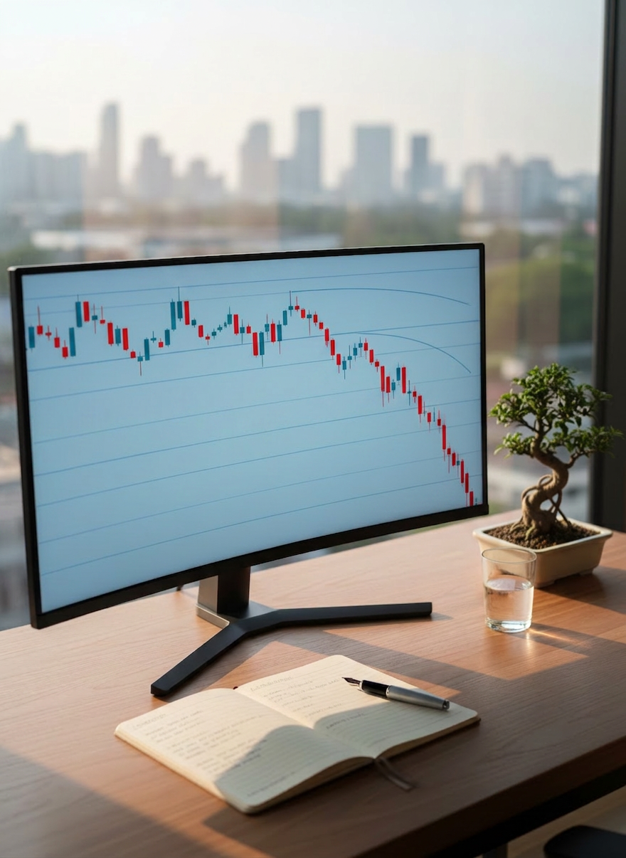 A large, ultra-wide desktop monitor displaying a calm, blue-toned equity chart with gentle, orderly candles and clearly defined support and resistance zones, symbolizing a trader reviewing losses without panic. The screen sits on a tidy wooden desk beside a small bonsai tree and a glass of water, with an analog notepad and pen open to neatly written reflections. Soft morning light enters through a nearby window, casting gentle shadows and a serene glow across the workspace. Photographic realism at eye level, with a shallow depth of field that blurs a distant city skyline and a hint of greenery outside, creating a composed, professional, and contemplative atmosphere.